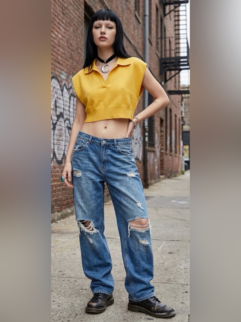 CIDER Yellow Knit Cropped Polo (Medium)